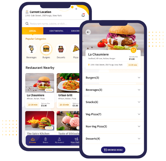 The BringMe-Food app showing nearby restaurants and a restaurant menu