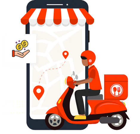 Illustration of a BringMe-Food rider on a red scooter riding out of a phone map
