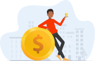 Illustration of a rider leaning on a giant gold coin