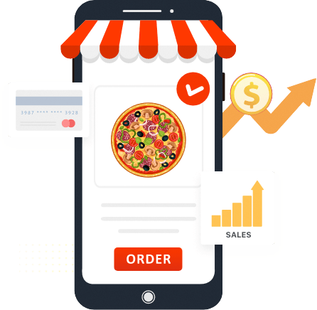 Illustration of a phone storefront taking a pizza order with rising sales